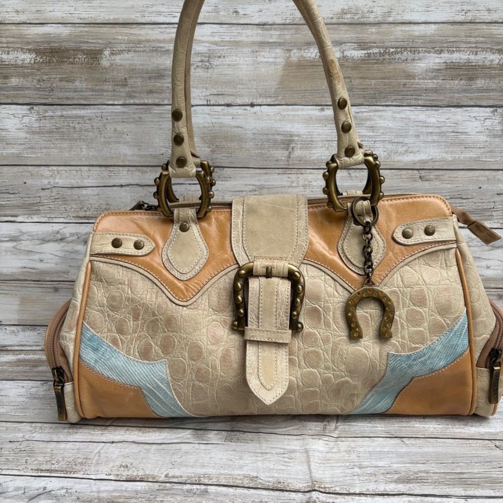 Arcadia Satchel Bag Cream Tan Italian Leather Croc Embossed Western Y2K Chunky